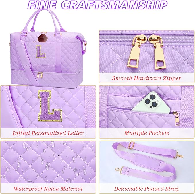 Travel Gifts Duffle Bag with Shoe Compartment(Purple,L) | Gifts for Girls-Womens Weekender-Letter Travel Bags with Makeup Pouch-Luxury Gift - Image 7