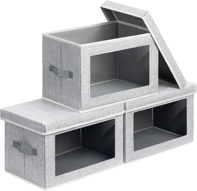 Storage Boxes with Lids - 3 Pack Fabric Clear Window Storage Bins, Collapsible Storage Bins with Lids, Linen Closet Organizer for Clothes, Towel, Blanket, Light Grey by Homsorout