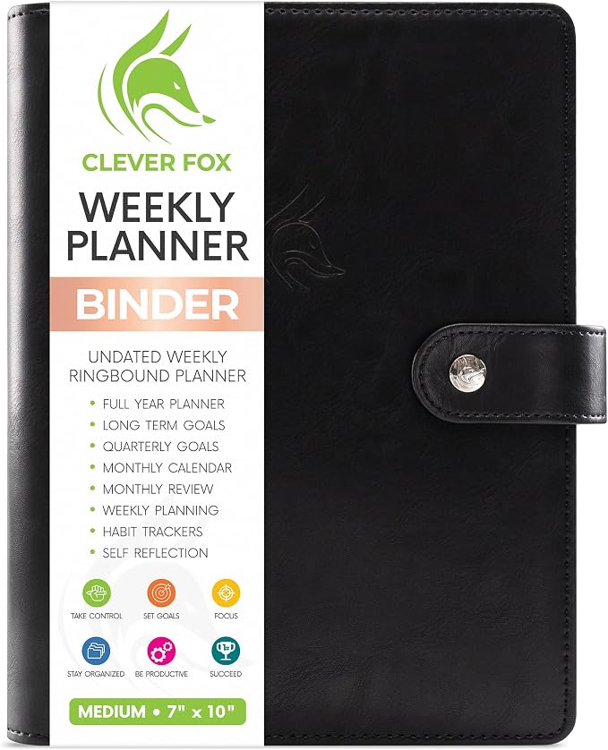 Clever Fox Weekly Planner Binder, Undated Daily A5 Eco Leather Black | 7 x 10 in with A5 pages, mini 3 ring portfolio organizer, work time manager, day runner, agenda book with monthly calendars by CleverFox