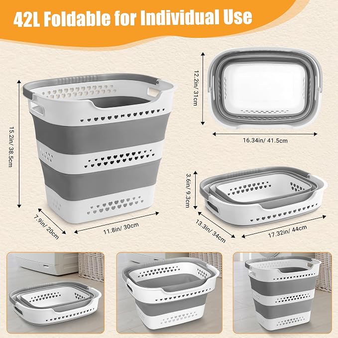 2 Pcs 42L Collapsible Laundry Baskets- Foldable Laundry Basket with Handles, Sturdy Plastic Pop Up Laundry Hamper, Space Saving Storage Container for Wet/Dry Use, Ideal for Home, Dorm, Apartment Grey - Image 3