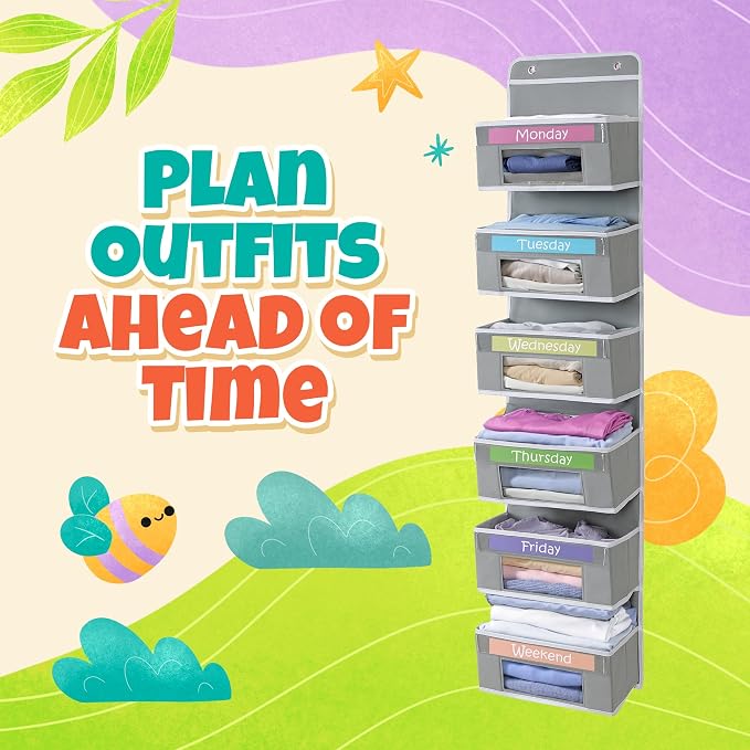 Kids' Weekly Clothes Organizer, Days of the Week, Daily Outfit Storage, Monday to Friday, School, Hanging, Over Door by Houseables | Houseables Days of the Week Clothes Organizer, Kids Closet, Monday through Friday Clothing, Weekday, M-F, School, Hanging - Image 4