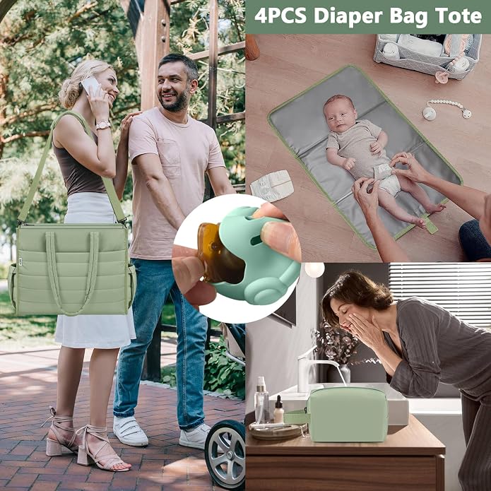 Diaper Bag Tote for Baby, Large Hospital Mommy Bag for Labor Delivery | Lightweight Puffy 4pcs Diaper Tote with Changing Pad, Toiletry Bag and Pacifier Case, Travel, Hospital, Newborn Essentials - Image 2