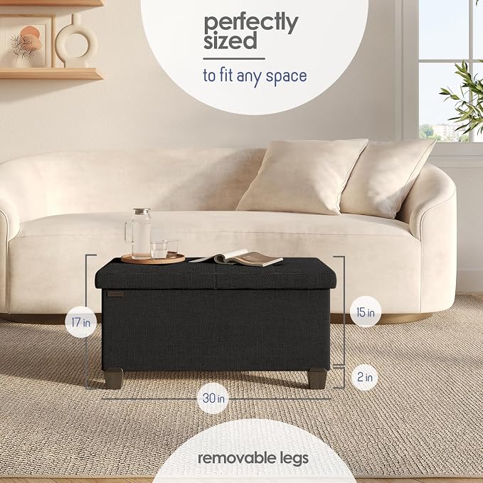 Storage Ottoman Bench with Bins, 30-in Storage Bench for Bedroom End of Bed, Folding Foot Rest Ottoman for Living Room Max 660lbs, Fabric Ottomans, Black - Image 9