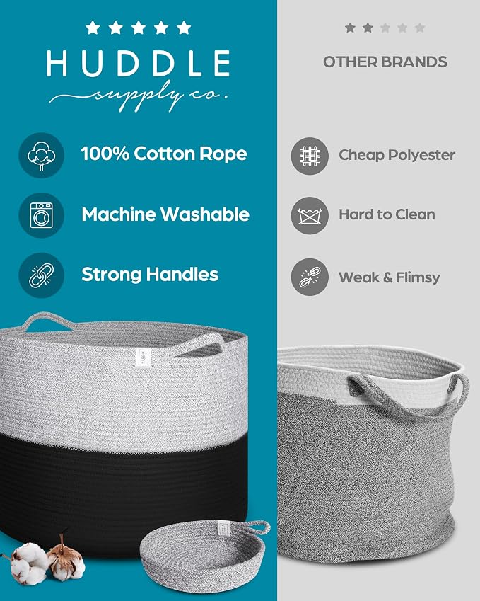 Huddle XXXXL WASHABLE Jumbo 125L Blanket Basket for Living Room, Toys, Baby | Woven Decorative Cotton Rope Black Grey Big Basket+Mini Basket for Nursery, Dog Toys, Storage, Organization Bins 24x17in - Image 3
