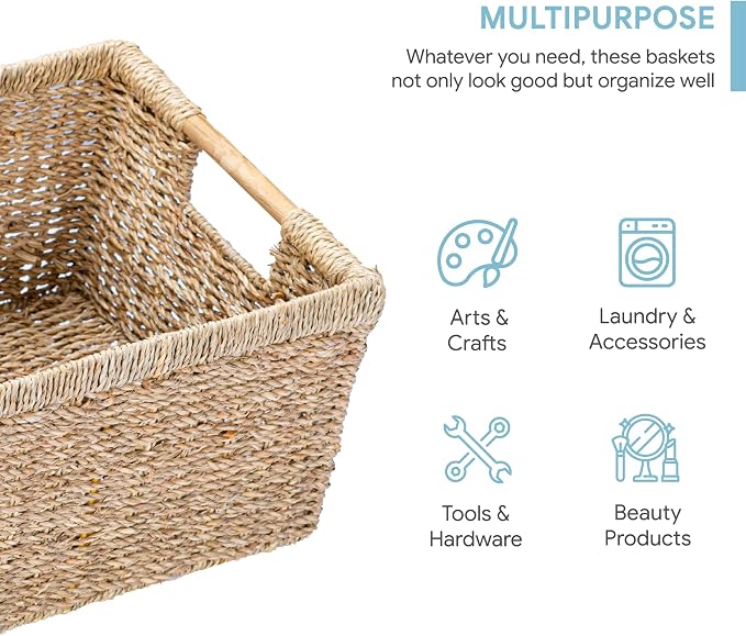 Large Wicker Basket Rectangular with Wooden Handles for Shelves, Seagrass Basket Storage, Natural Baskets for Organizing, Wicker Baskets for Storage - 3 Pack Large - Image 2
