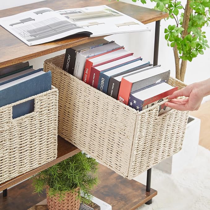 Wicker Storage Basket, Set of 2 Hand-Woven Paper Rope Wicker Basket, Small Storage Baskets for Organizing Toilet Paper Basket, Foldable Large Cube Storage Organizer Bins for Shelves (Beige) - Image 4