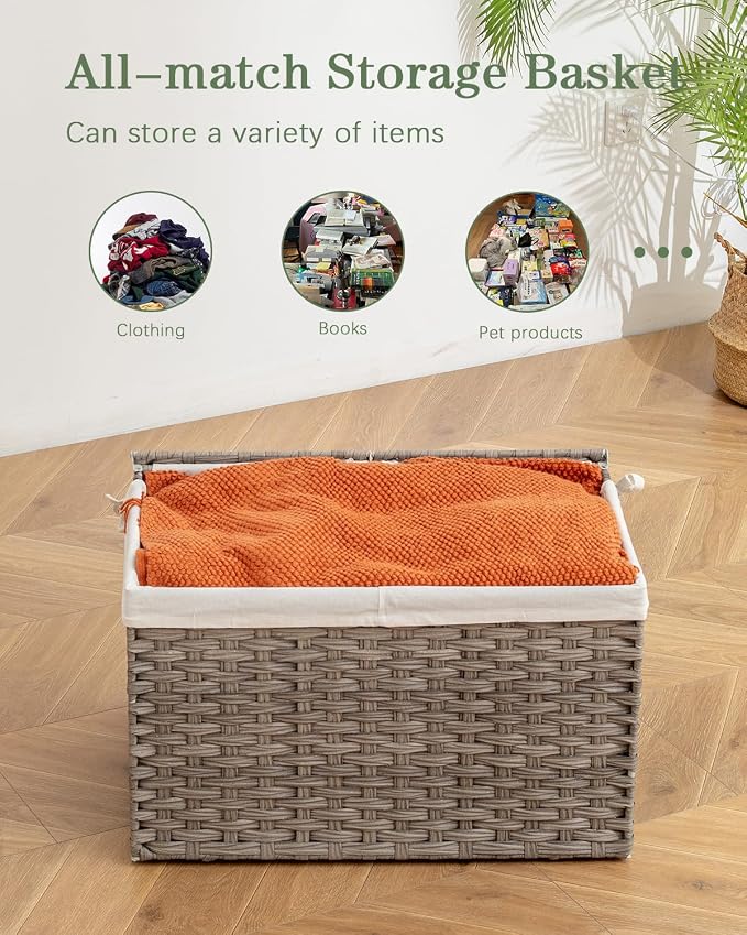 SETVSON Storage Basket with Lid, PE Rattan Woven Storage Bin, Gray | Dual Lid Blanket & Clothes Organizer, Divided Storage Bin, 2 Washable Liner Bags, Collapsible PE Rattan Trunk - Image 5