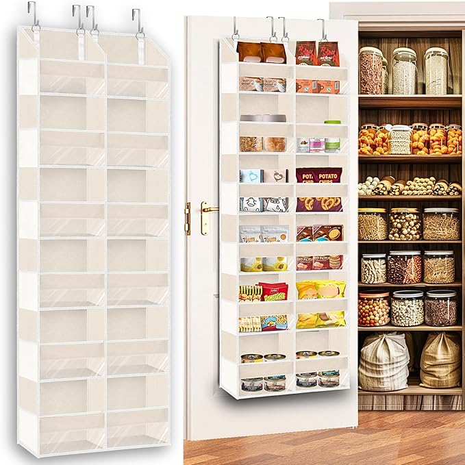 Over the Door Organizer 6 Tiers, Extra Large Behind Door Storage of 12 Compartments,80 lbs Weight Capacity Hanging Storage Organizer with Clear Window Kids Toys, Shoes, Diapers,Beige by Ofiray-home