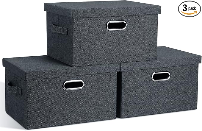 Graciadeco Medium 15" 21 Quart Collapsible Stackable Storage Bins with Lids, 3 Packs Dark Grey Foldable Fabric Closet Boxes Heavy-duty Linen Cube Baskets Container for Bedroom Office (15 x 11 x 8) | 21 Quart 3 Pack Dark Gray Collapsible Stackable Linen... by GraciadecoStorage