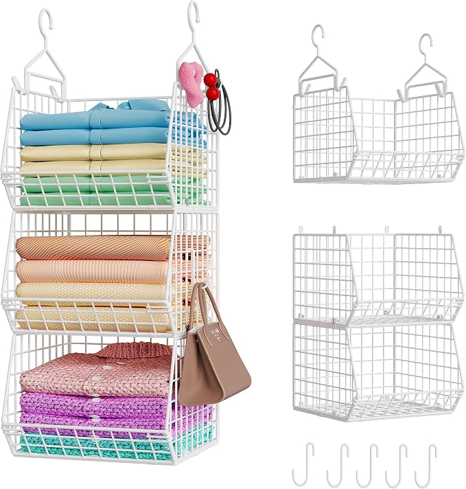 X-cosrack 3 Tier Foldable Closet Organizer, Clothes Shelves with 5 S Hooks, Wall Mount&Cabinet Wire Storage Basket Bins, for Clothing Sweaters Shoes Handbags Clutches Accessories-White Patent Design by X-cosrack