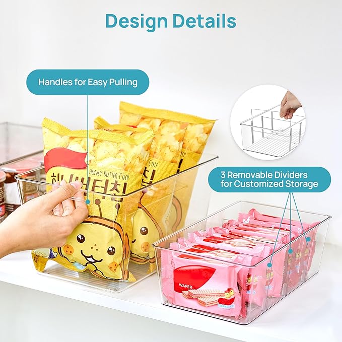 Vtopmart 8 Pack Clear Storage Bins Set for Pantry Organizer | 4 Large Pantry Bins with Handle and 4 Medium Snack Organizer Bins with 4-Compartment for Pantry, Kitchen, Fridge, Cabinet - Image 5