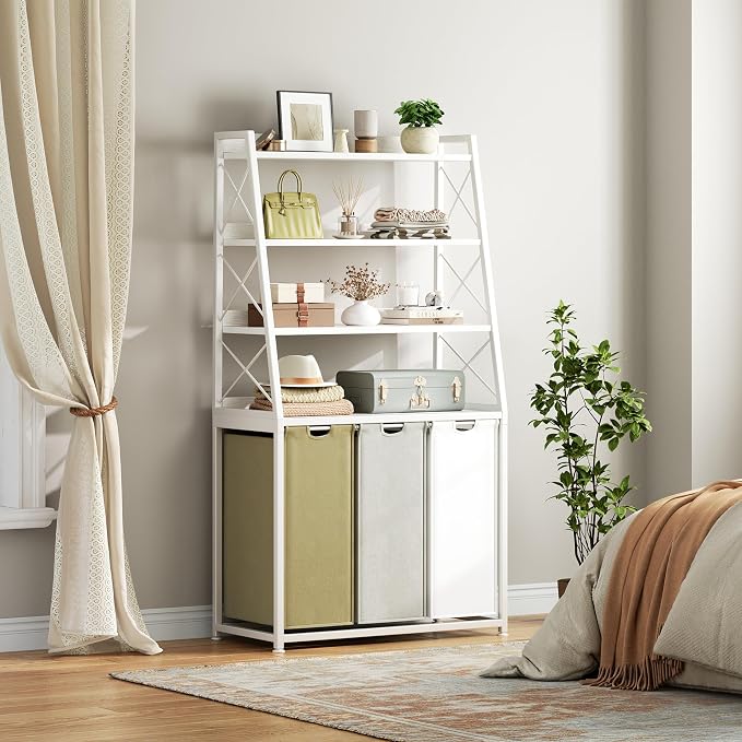 Herture Laundry Basket, 3 Section Laundry Hamper with 4 Tiers Shelf, Pull-Out and Removable Laundry Bags, Large 3 x 15.87 Gallons, 3 Color Bags for Laundry Room Bathroom White PF05XLE - Image 4