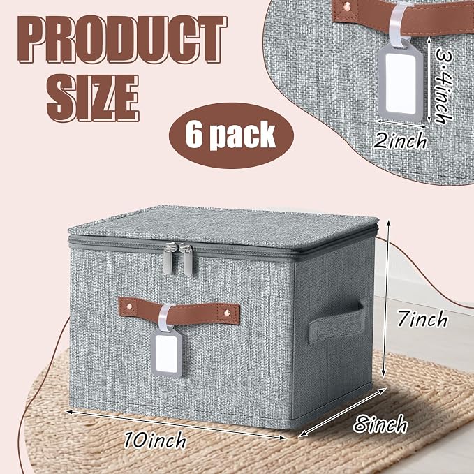 6 Pack Fabric Bins with Lids, 10 x 8 x 7 Inch Fabric Storage Bins with Zipper Lids and Labels, Decorative Foldable Storage Cubes with Handles for Closet Nursery Shelf Organization, Gray - Image 2
