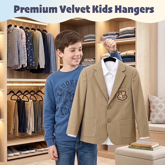 HOUSE DAY Black Kids Velvet Hangers 100 Pack, Durable Big Kid Hangers | 14 Inch Hanger for Youth, Teen, Non Slip Kids Felt Hanger, Cute Childrens Hanger for Closet, Bulk for Small Businesses - Image 2