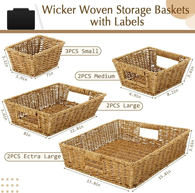 Marsui 9 Pcs Wicker Storage Baskets for Pantry Organization with Handle Labels Handwoven Multi-size Brown Small Organizer Baskets Storage Bins Container for Shelves Closet Toilet Christmas Holiday - Image 2