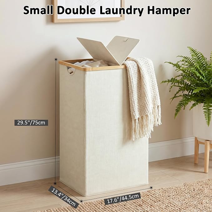 efluky Laundry Hamper with Lid, Double Laundry Basket with 2 Removable Bags, 2 Section Laundry Bin with Bamboo Handles for Bathroom, Bedroom & Laundry Room, 115L (30.4 Gallon) Beige - Image 5