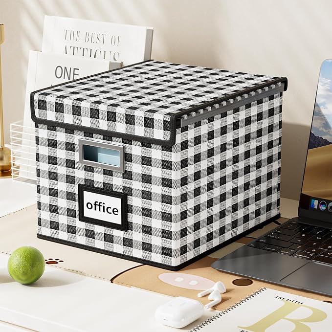 File Organizer Box with Lids, Collapsible File Folder Organizer | File Box with Plastic Slides for Document, Filing Bin for Letter Size Hanging File Folders (4 Pack, Black & White Lattice) - Image 5