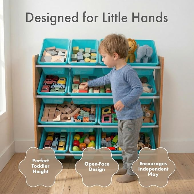 Humble Crew Kids Toy Organizer with 12 Bins, 4 Tier Storage for Playroom | Sturdy wood and steel toddler shelf, removable BPA-free containers, wall anchor anti-tip safety kit for bedroom or classroom - Image 2