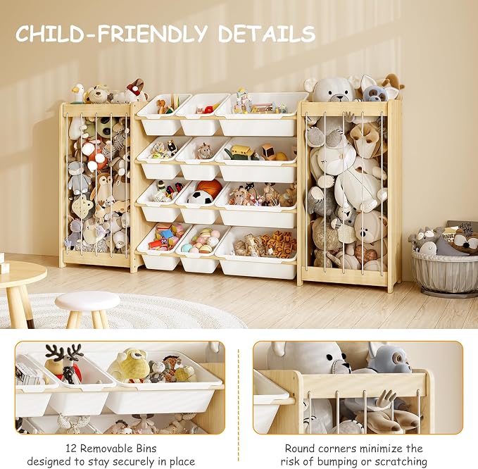 EXPERLAM Large Toy Storage Organizer, Wooden Stuffed Animal Storage & 12-Bins Toy Organizer, Double-Sided Plush Toy Holder Featuring Thicker Ropes, Space Save Playroom Nursery Bedroom Storage, White - Image 3
