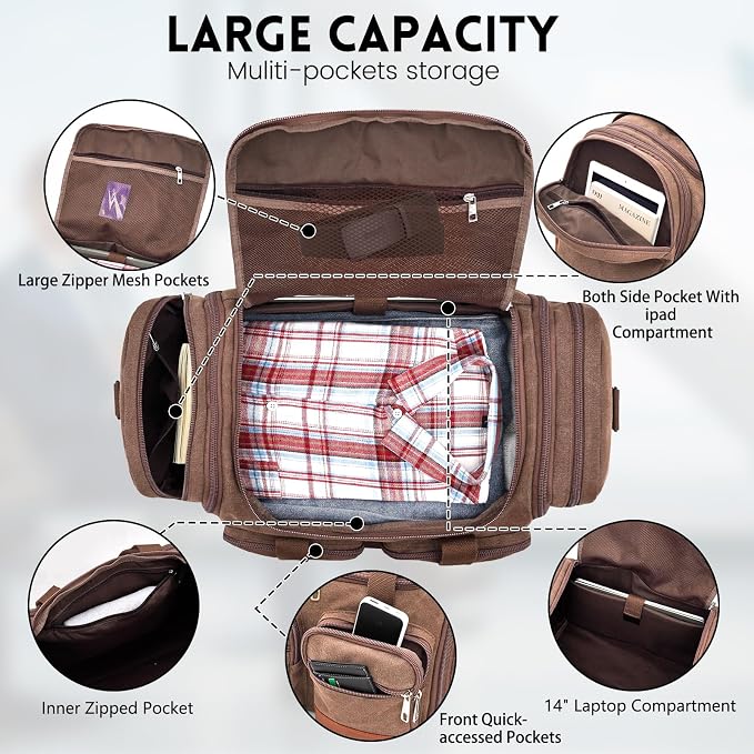 Canvas Duffle Bag For Travel, 50L Expandable Carry on Overnight Travel Duffel Bags with Laptop Compartments Weekend Gym Bag for Men(Coffee) - Image 3