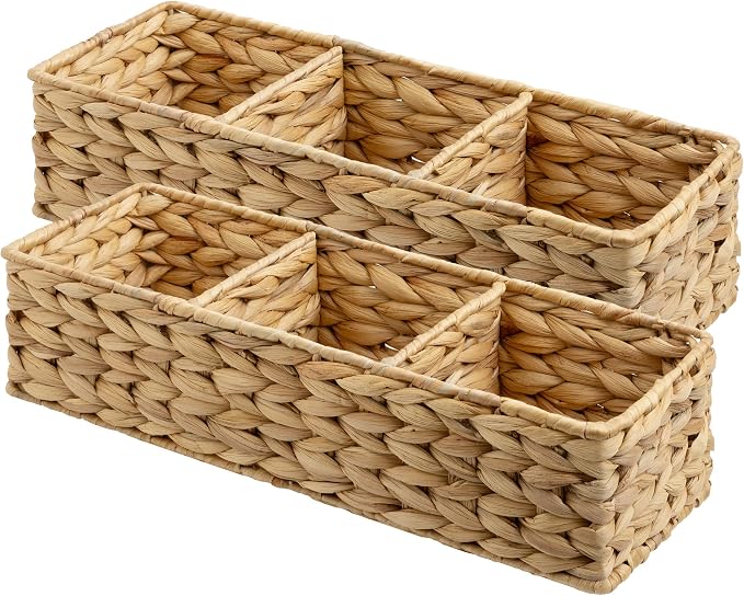 StorageWorks Toilet Paper Basket, Large Toilet Tank Basket, Water Hyacinth | Wicker Basket, Toilet Paper Storage for Back of Toilet Tank, Woven Baskets for Shelves, Wicker Baskets with 3 Compartments - Image 8