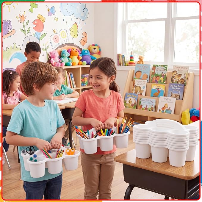 12 Pack Classroom Caddy Organizer with Handle 6 Compartment,White | Plastic Drink Cup Caddy Holder, Portable Storage Bin, for Pencil, Glue Stick, Crayons, Marker, Table, Office, School Supplies - Image 2