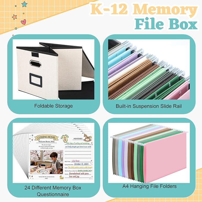 School Memory Organizer Box Kit K-12 School Year Memory Keepsake with 24 Different Memorys Questionnaire 24 Hanging File Folder 2 Label for Kid Storage Picture File Keeper(Neutral,Beige,Linen) - Image 4