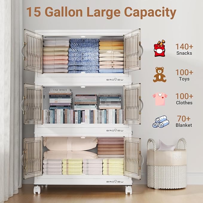 BROVIEW 240Qt Stackable Storage Bins with Lid, Extra Large Closet Organizer Collapsible Drawer Boxes with Wheels, Folding Plastic Cabinet Containers for Home Kitchen Room Organization, 4Pack White - Image 4