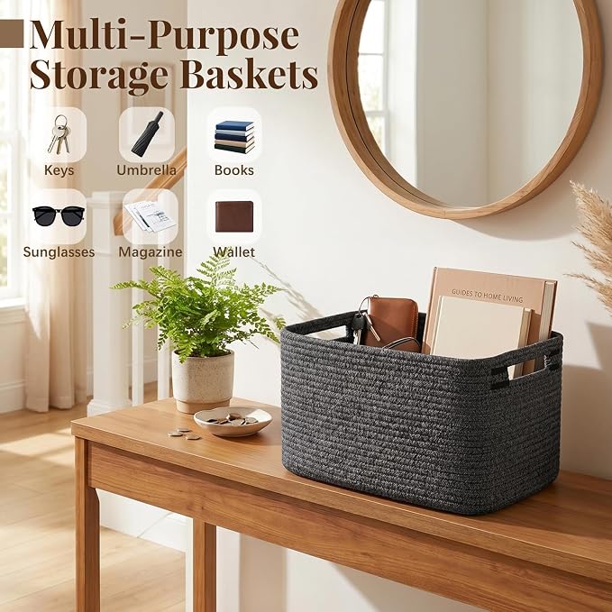 OIASKET 4Packs Natural Cotton Rope Storage Baskets for Organizing Toys, Clothes, Towels & Books, Soft Versatile Organizers for Shelves, Home Decorative Bins, 13''Lx9''Wx7.8''H, Black and White - Image 8