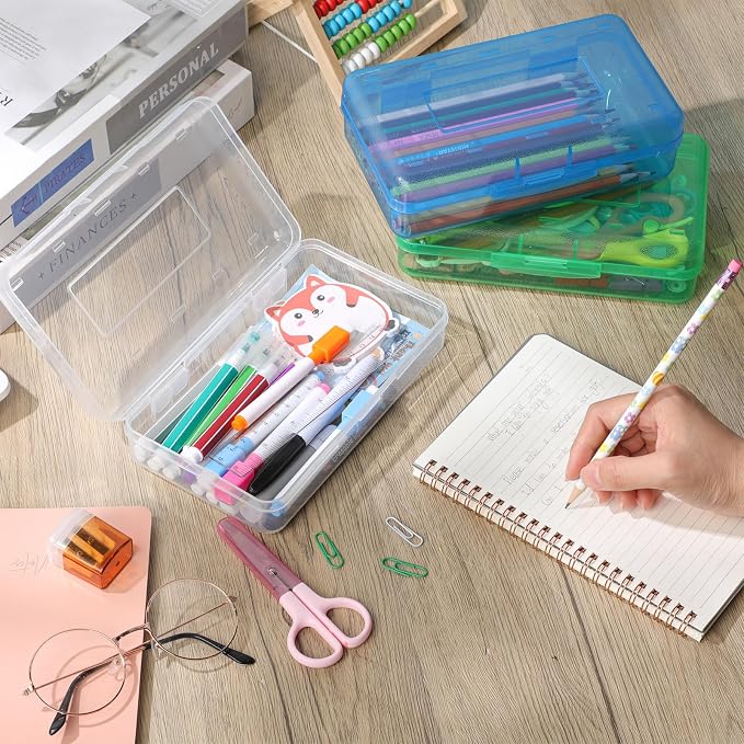 Outus 16 Pcs Plastic Pencil Box Large Crayon Maker Box with Snap Lid Plastic Pencil Case Office Supplies Organizer for Craft Painting Brush (Black,Purple,Navy,Pink,Yellow,Green,Blue,Clear) - Image 6