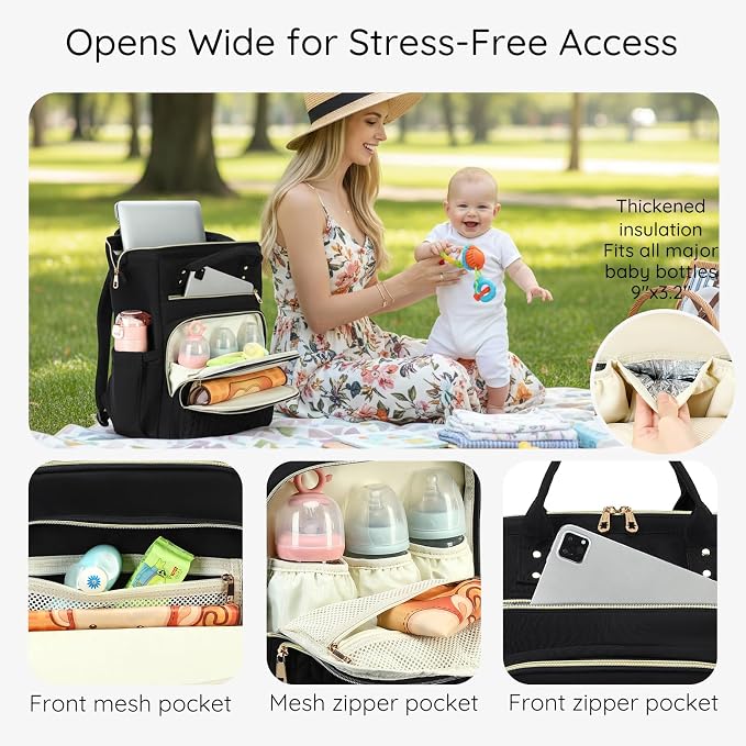 AIJIEKE Large Diaper Bag Backpack, Extra Wide Travel Diaper Bag, Black | Multi-functional waterproof maternity bag. Changing pad, stroller straps, insulated wet/dry pocket. Mom, dad, toddler travel - Image 5