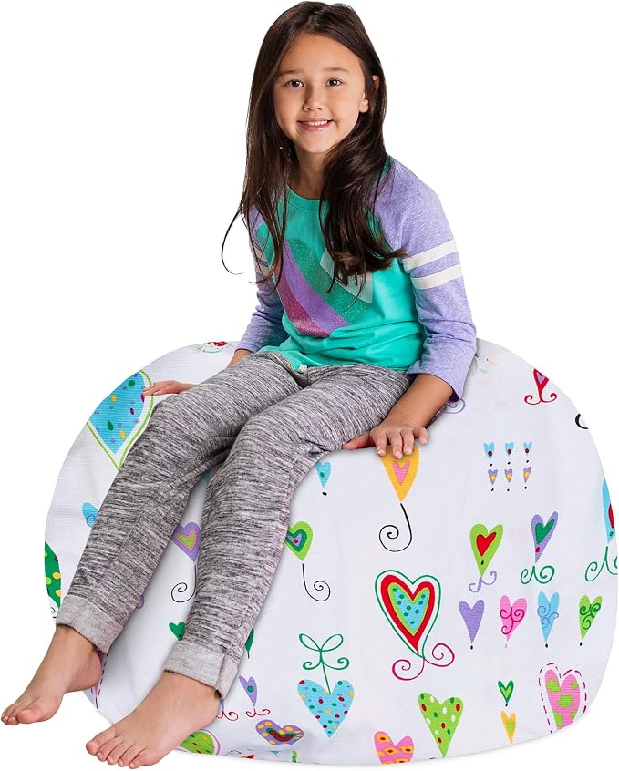 Posh Stuffable Kids Stuffed Animal Storage Bean Bag Chair Cover - Childrens Toy Organizer, Large-38 - Canvas Multi-Colored Hearts on White - Image 4