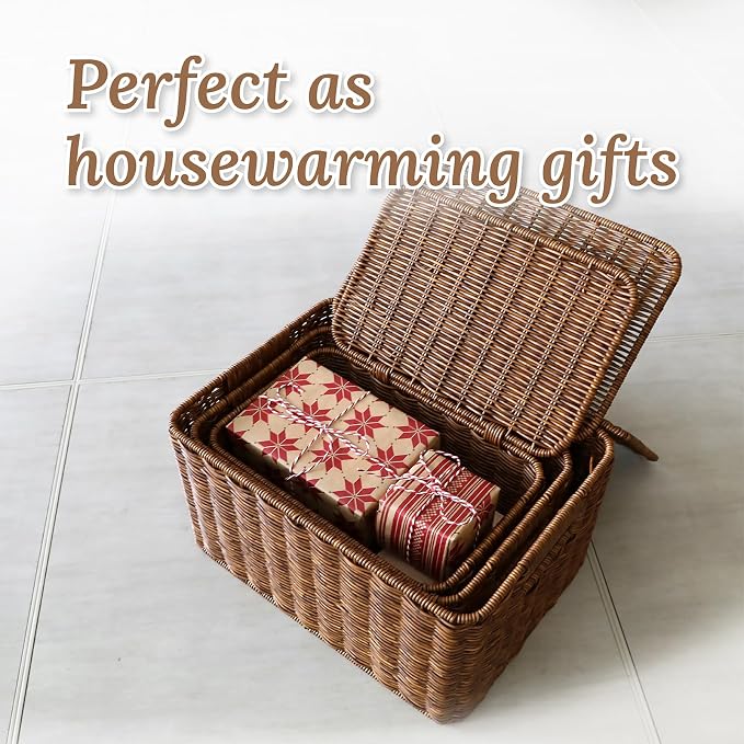 WeeNest Baskets with Handles, Wicker Storage, Shelf Boxes for Organizing, Stackable Woven Bins, Decorative Lidded Resin, Set of 3, Toffee - Image 7