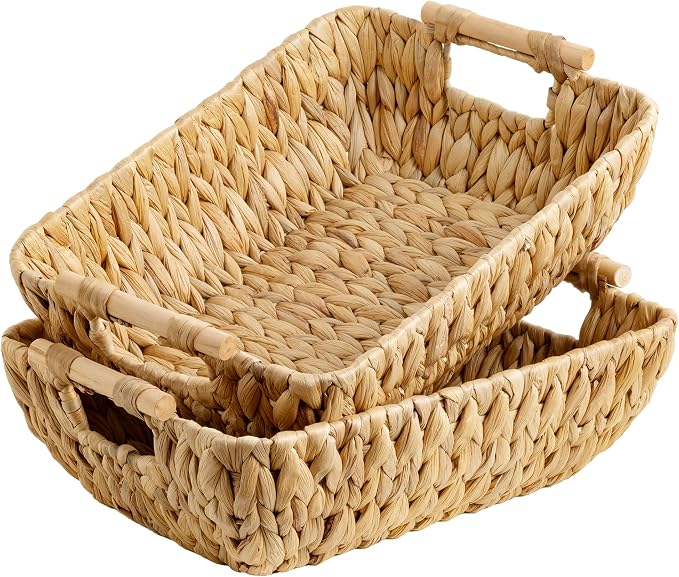 StorageWorks Wicker Baskets for Organizing, Water Hyacinth Storage Baskets | Wicker Storage Baskets for Shelves, Baskets with Wooden Handles, 2-Pack Gifts Basket for Home Decor, Hand-Woven Basket by StorageWorks