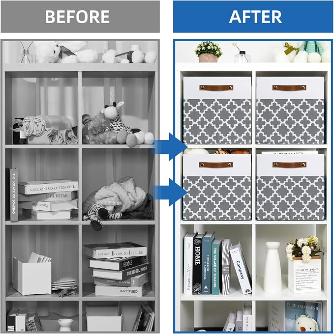 Temary 12x12x12 Fabric Storage Bins 4 Pack with Leather Handle, Foldable Cubes Storage Box Baskets for Closet, Shelf (White&Lattice) - Image 6