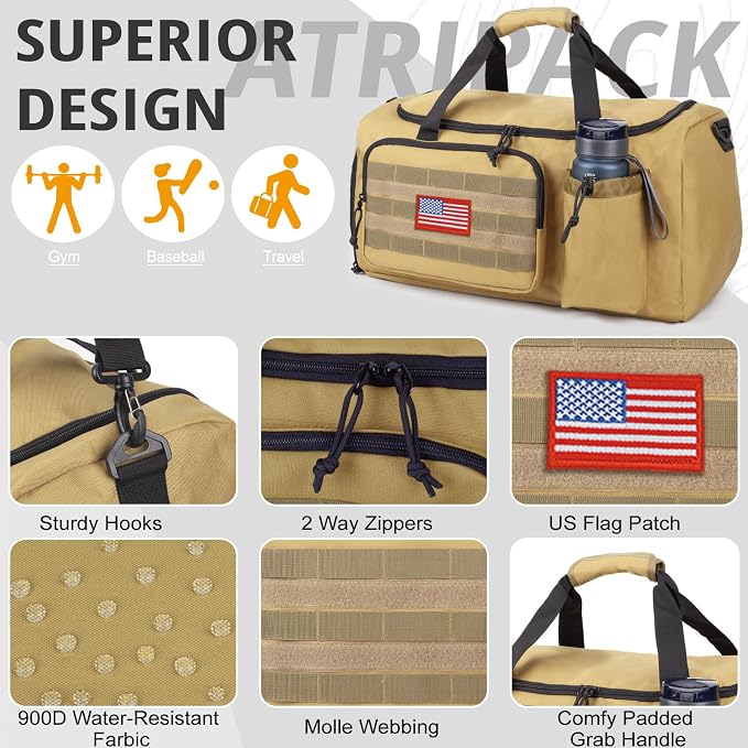 Tactical Gym Bag for Men, 40L Duffle Bag with Shoes Compartment for Travel | Water-Resistant Sports Weekender Bag with Adjustable Shoulder Strap Wet Pocket for Gym,Travel,Hiking,Camping Overnight Trips - Image 6