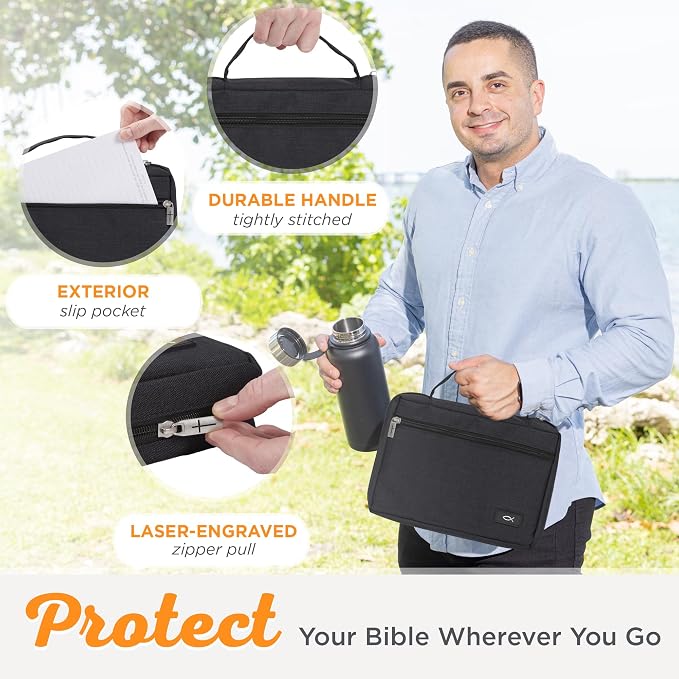Christian Art Gifts Polyester Bible Cover for Men & Women w/Jesus Fish Patch, Secure Zipper Pocket, Pen Loops, Easy Carry Book Case for Stationery, Accessories, Black, XL - Image 5
