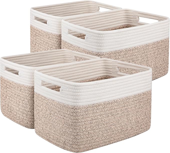 OIAHOMY 4 Pack Storage Basket, 13"x9"x7.8" Cotton Rope Baskets for Shelves, Closet Organizer for Bedroom & Living Room, Soft Decorative Bins for Organizing Towels, Books & Toys, Brown & White by MasterofSpaceOptimization