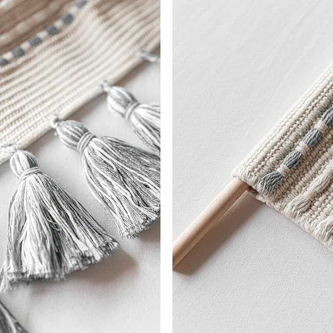 BlissBlush Long Vertical Wall Hanging Tapestry Woven Boho Farmhouse Decor Gray Cream Tassel Handmade Wall Art Decoration for Bedroom Living Room Dorm Nursery Apartment, 16x39 INCH - Image 7