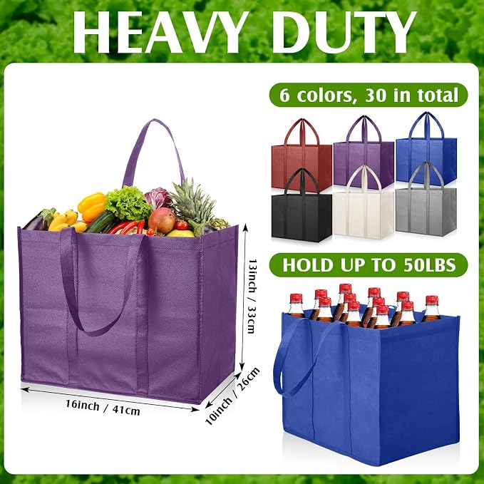Hillban 30 Pack Large Reusable Shopping Bags Bulk | Heavy Duty Foldable Grocery Bags 16 x 13 x 10 Inch, Washable Portable Storage Totes with Reinforced Handles - Image 4