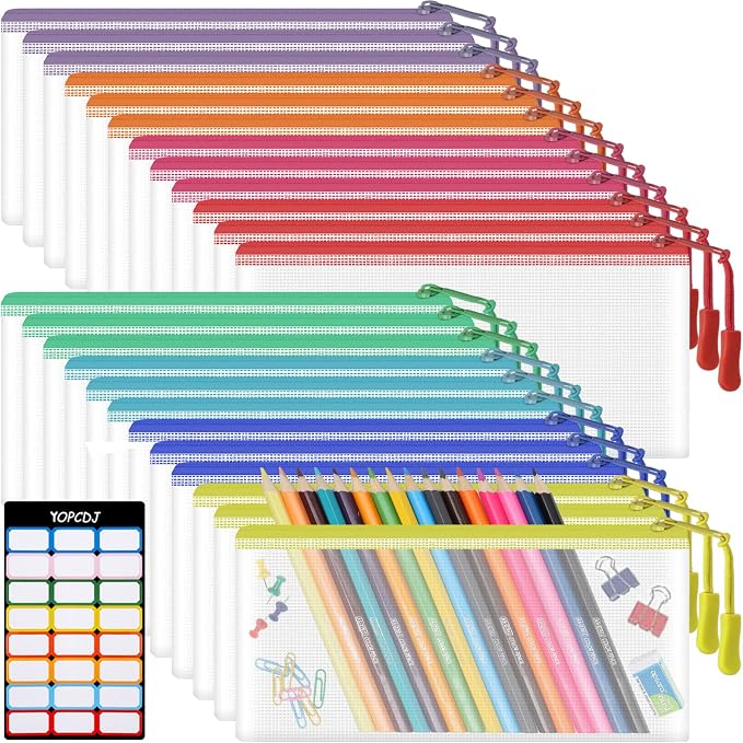 24pcs Mesh Zipper Pouch Bags 9.3 x 4.7 Inches, 8 Color Small Clear Pouches Bulk, Travel Cosmetics Organization, Classroom and Office Supplies by YOPCDJ