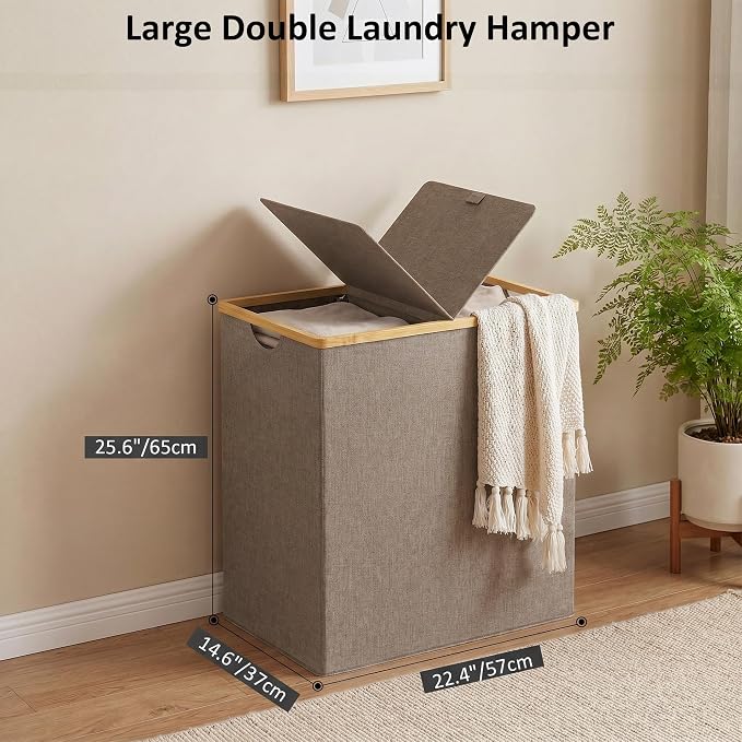 efluky Laundry Hamper with Lid, Double Laundry Basket with 2 Removable Bags, 2 Section Laundry Bin with Bamboo Handles for Bathroom, Bedroom & Laundry Room, 140L (36.9 Gallon) Brown - Image 5