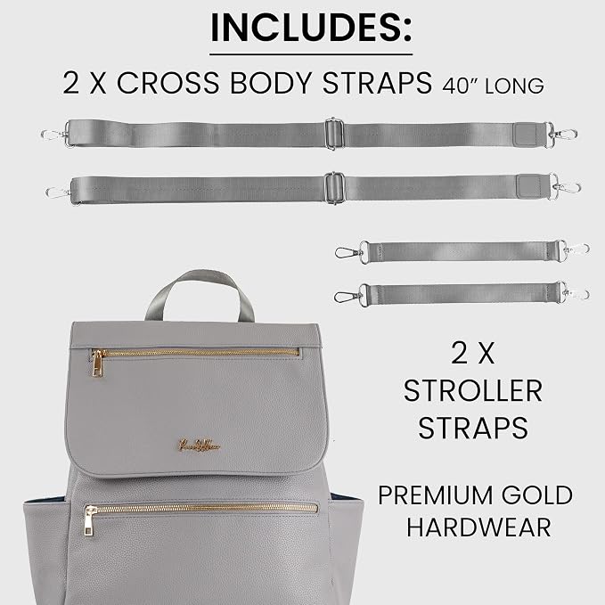 Premium Vegan Leather Diaper Bag Backpack – Large Designer Baby Bag, Stylish Diaper Backpack with Stroller & Crossbody Straps & Multiple Compartments (Ash Grey) - Image 5