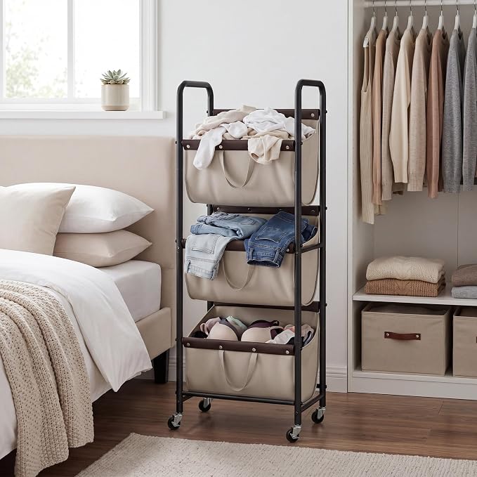GRANNY SAYS 3 Tiered Laundry Sorter, Narrow Hamper Cart with Wheels | Sturdy 3 Section Laundry Basket with Wheels, Vertical Light Kahki Hamper Cart for Bedroom, Bathroom, Apartment - Image 8