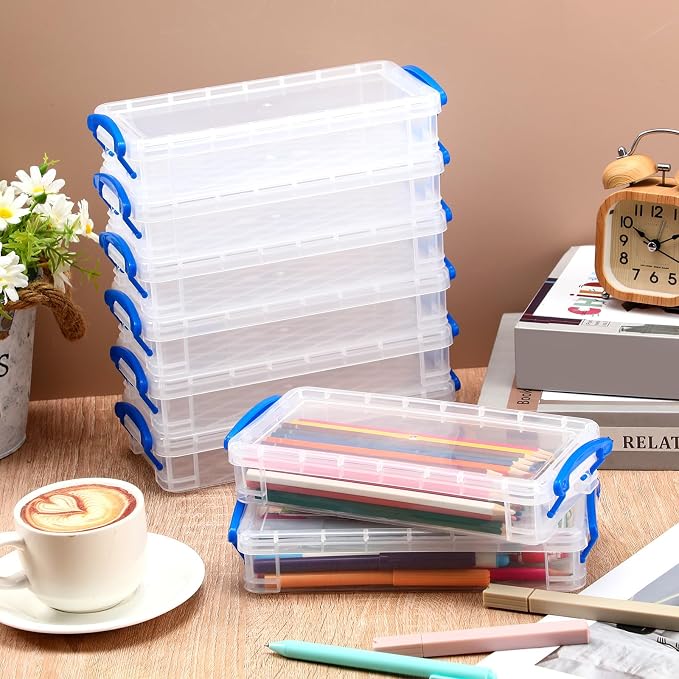 Gueevin 12 Pcs Large Capacity Plastic Pencil Box Clear Plastic Pencil Case Crayon Box with Snap Tight Lid Watercolor Pen Storage Brush Organizer Drawing Tools Container (Blue) - Image 4
