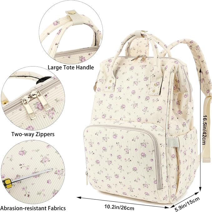 Corduroy Diaper Bag Backpack for Baby Girls Boys, Women Large Nappy Bags for Mom (Beige Corduroy Flowers Purple) - Image 7
