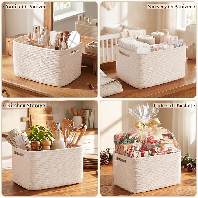 OIASKET 4Packs Natural Cotton Rope Storage Baskets for Organizing Toys, Clothes, Towels & Books, Soft Versatile Organizers for Shelves, Home Decorative Bins, 13''Lx9''Wx7.8''H, White - Image 8