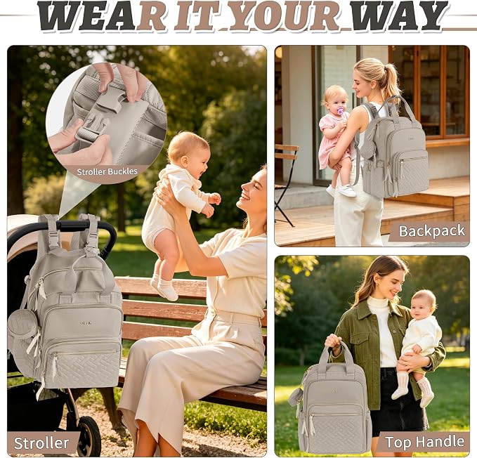 Diaper Bag Backpack, 27L Travel Quilted Baby Bags Unisex | with Changing Pad, Pacifier Bag, Stroller Straps Parents Essentials for Outdoor Trip Hospital & Daily Work, Brown - Image 6