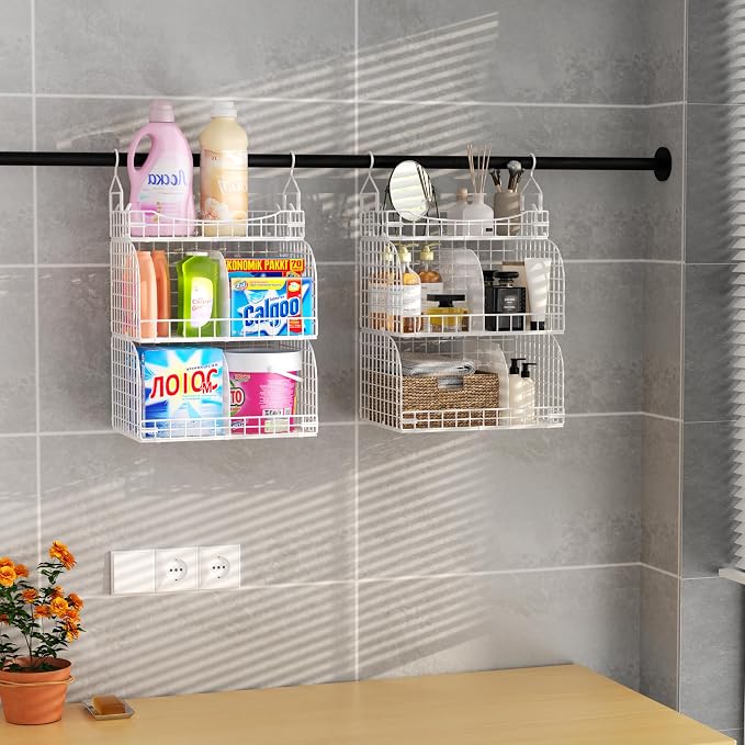 HapiRm Hanging Closet Organizer Storage - 3 Tier Metal Stackable Hanging Closet Shelves with Dividers and S Hooks, Foldable Clothes Shelves for Clothes, Pants, Shoes, Coat, Hats Clutches Accessories - Image 6