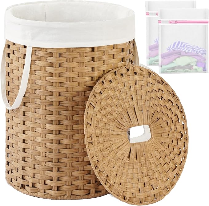 SETVSON Laundry Hamper with Lid 23.8 Gal (90 L) PE Rattan, Natural | 90L 23.8 Gal Round PE Rattan Hamper with Lid, Removable Washable Liner Bag, 2 Mesh Wash Bags, Steel Frame, Handles by SETVSON